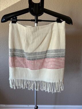 Woven Cream Fringe Skirt with Red & Blue Stripes
